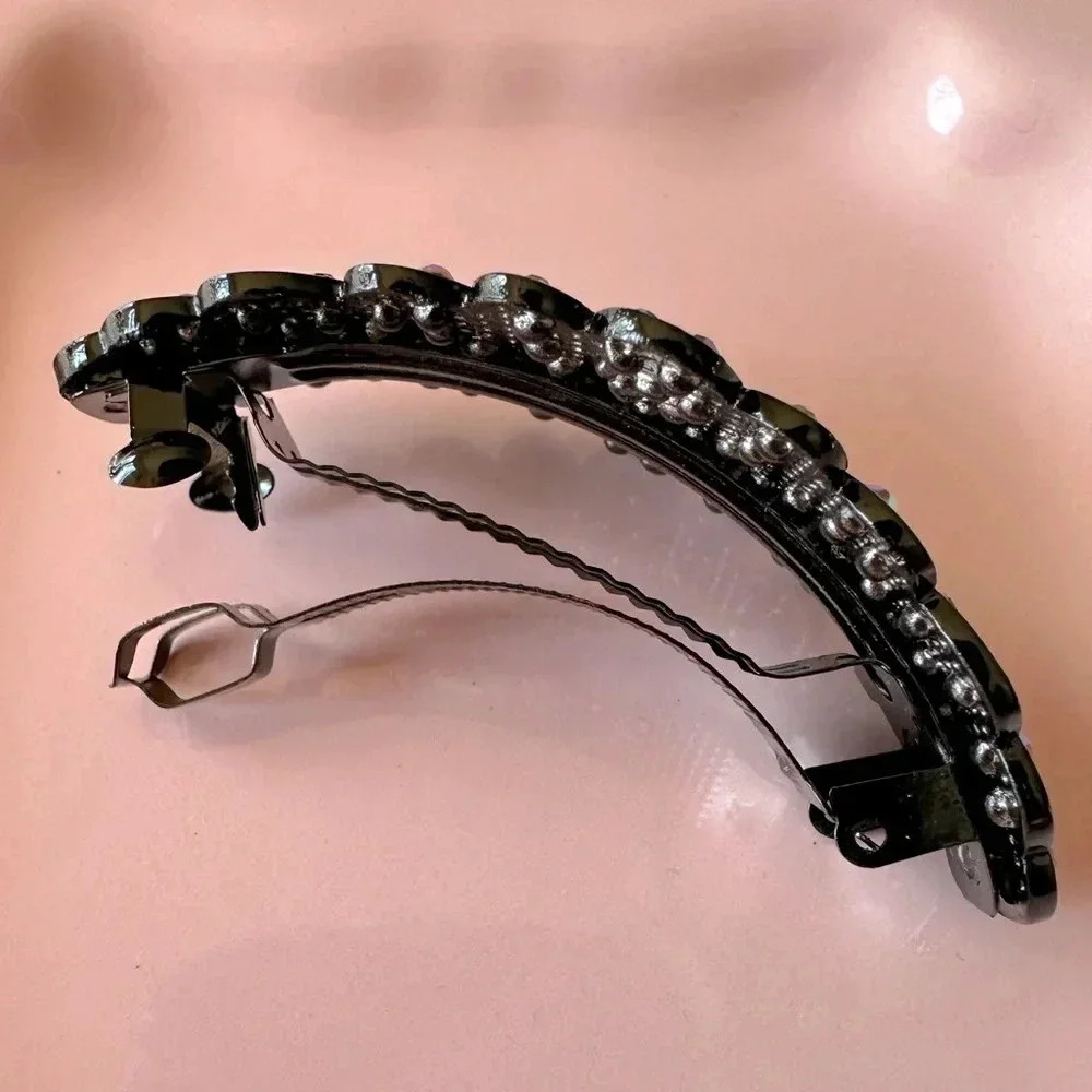 Peach and Aurora Borealis Crystals set in Black Hematite Hair Barrette - Picture 4 of 6